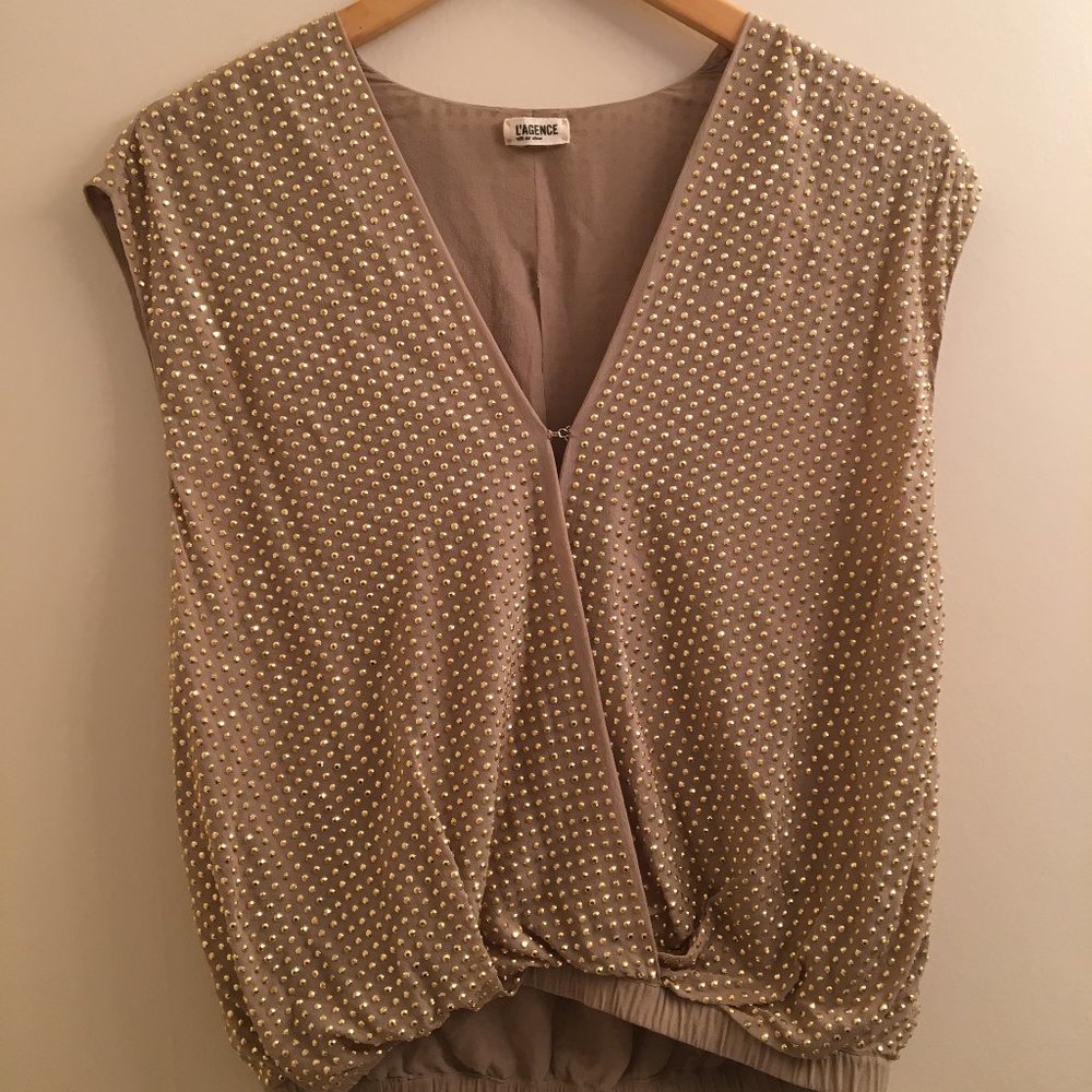 L'Agence Taupe Blouse with Gold Studs
